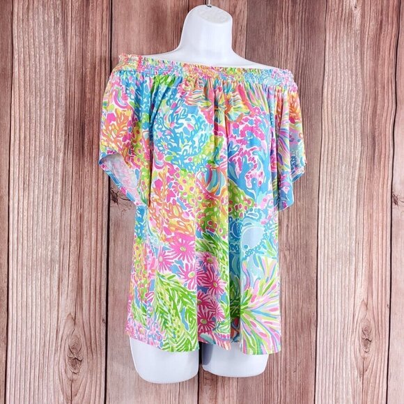 Lilly Pulitzer Almeria Womens Medium Lovers Coral Stretch Off the Shoulder Top - Picture 3 of 11